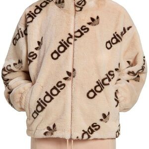 Adidas Original Logomania repeat logo faux fur jacket in blush